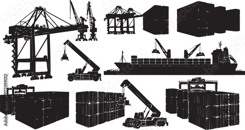 Industrial Silhouette of Cargo Shipping Containers and Cranes