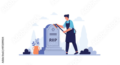 A dedicated female worker wearing a dark apron meticulously scrubs a grey stone monument with a long brush in a peaceful and quiet cemetery setting.