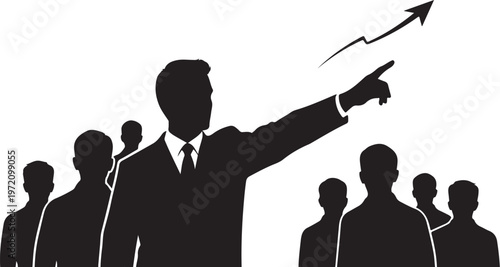 Businessman leading team to success with upward arrow gesture