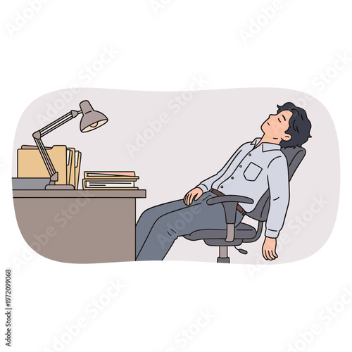 Man reclines in office chair at desk with books and lamp