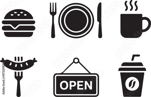 Collection of icons representing food and beverage items and establishment status