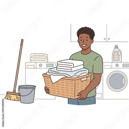 Man holding laundry basket with clean folded towels in a laundry room