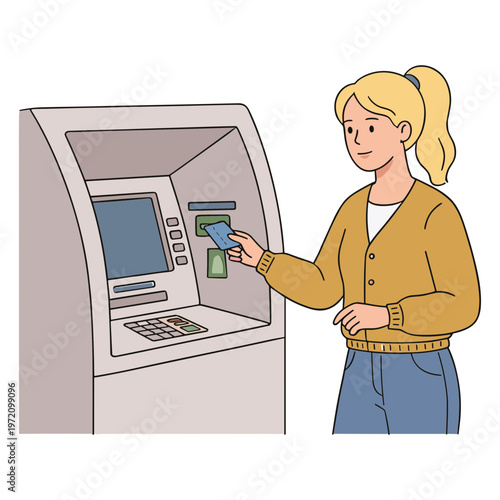 Woman uses credit card at automated teller machine indoors.