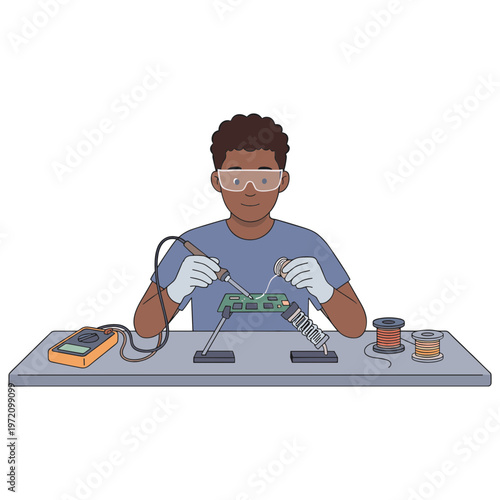 A man wearing safety goggles and gloves works on a circuit board with a soldering iron on a workbench indoors.