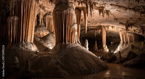 Dramatic cave interior with stalactites and stalagmites