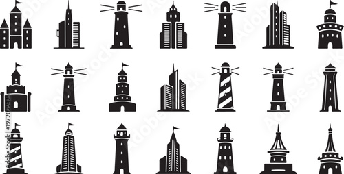 Collection of various lighthouse and building silhouettes in black