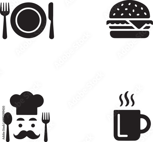 Four icons representing culinary and dining concepts in a minimalist black and white style