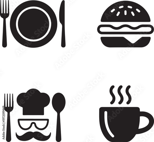 Iconic symbols representing various food and beverage service elements