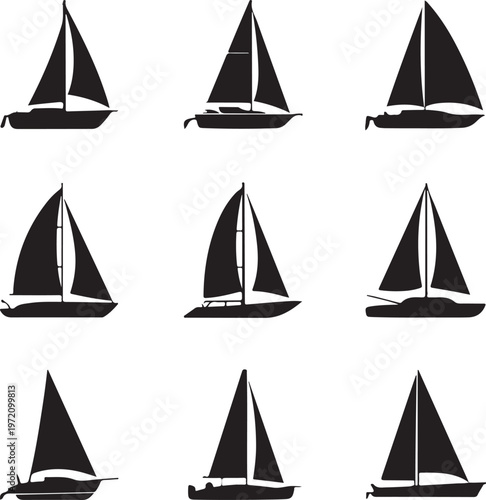 Nine sailboat silhouettes showcasing various sail and hull configurations