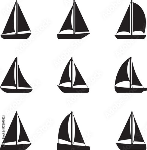 Nine sailboat silhouettes depicted in various orientations and sail configurations