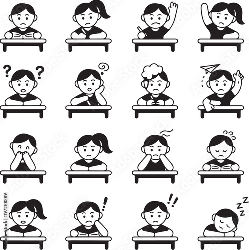 Various student expressions depicting classroom emotions and reactions