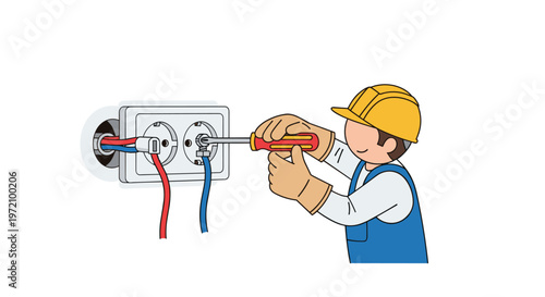 A friendly cartoon electrician wearing a yellow hard hat and blue overalls uses a red-handled screwdriver to wire a double socket in a bright space.