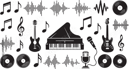 Music symbols and instruments in black and white illustration