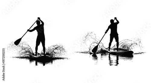 Dynamic Stand Up Paddle Yoga Silhouette Vector Set
