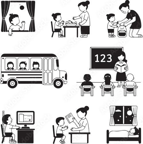 A depiction of daily routines and activities in a child's life and education