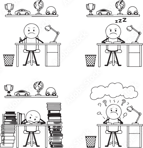 Cartoon depictions of varying office worker emotions and productivity levels