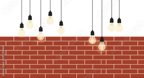 Multiple vintage incandescent light bulbs with black sockets hang at varying heights against a white background above a solid red brick wall foundation.