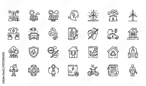 Sustainability line icon set with eco friendly technology and green business lifestyle symbols editable vector