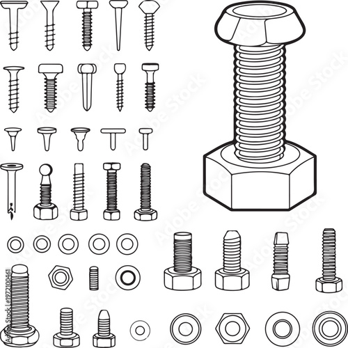 Assorted types of screws, bolts, and nuts in a mechanical hardware illustration