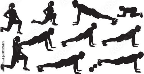 Silhouette of a man doing various push-up exercises routine