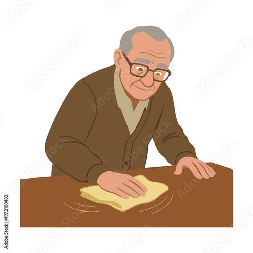 Elderly man cleaning a table with a cloth in an indoor setting
