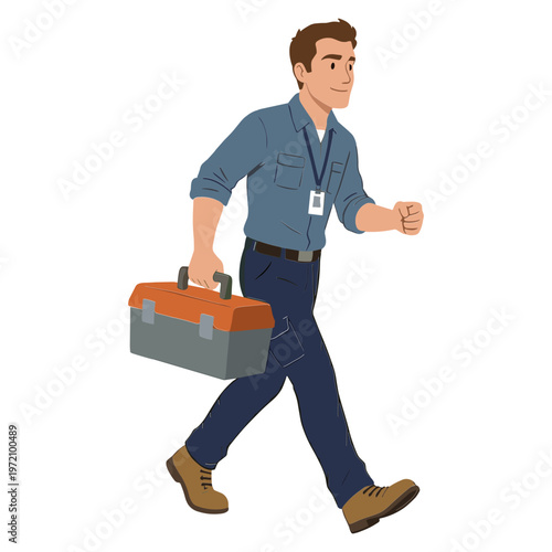A man walks while carrying a toolbox in his right hand.