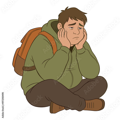 A young man sits on the ground with his hands on his face expressing sadness.