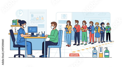 Office workers, queue, social distancing, people waiting, business scene, vector illustration