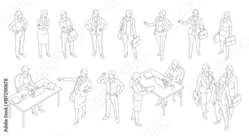 Business People, Office Workers, Line Drawings, Vector Icons, 20 Illustrations, Communication, Teamwork, Meetings
