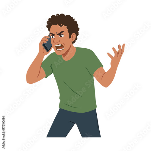 Man reacts strongly while talking on phone in frustration.