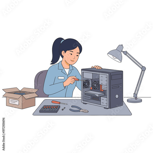 A woman in a blue lab coat works on a computer tower with tools.