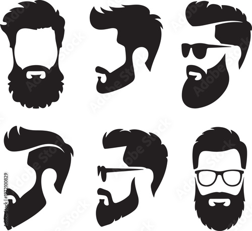 Six stylish black and white beard and hairstyle illustrations for men's grooming inspiration
