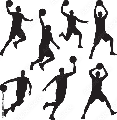 Dynamic silhouettes of basketball players in action poses