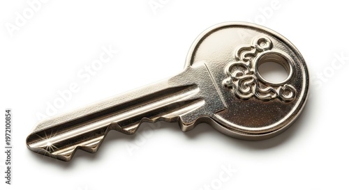 Shiny silver metal key with decorative head isolated on a white background, symbolizing security, access, and property ownership.