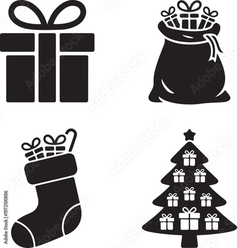 Holiday icons featuring gift-related symbols in a minimalist black and white design