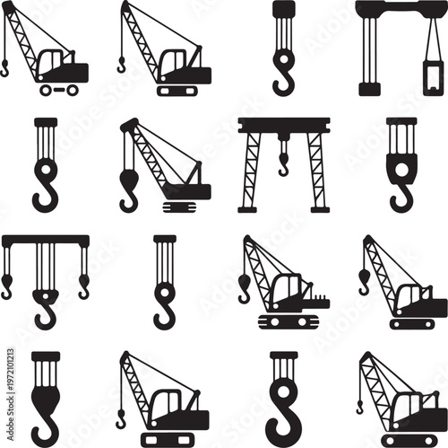 Collection of various types of cranes and lifting hooks in black and white icons