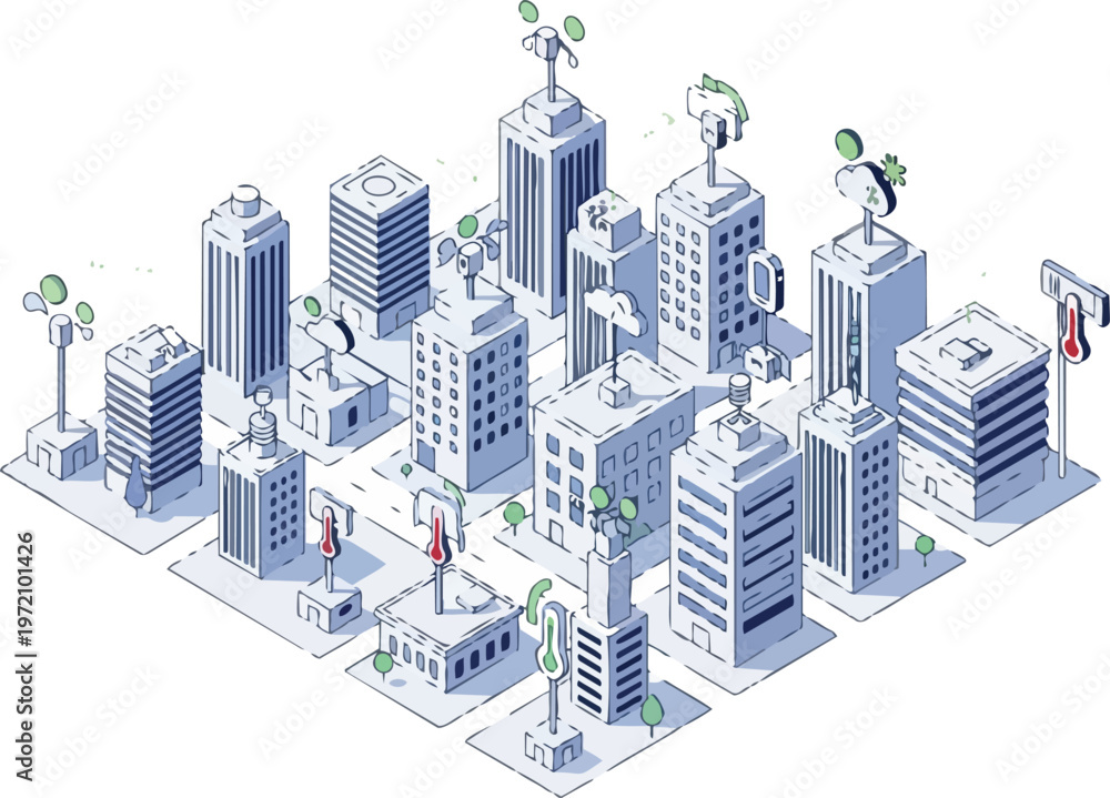 Fototapeta premium Isometric Smart City Illustration with IoT Sensors, Green Energy Icons, and Urban Environmental Monitoring Data for Sustainable Infrastructure Concept