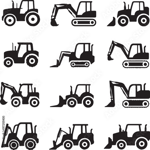 Diverse collection of heavy construction equipment icons in monochrome