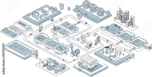 Isometric Water Treatment and Sustainable Urban Wastewater Management System Infographic