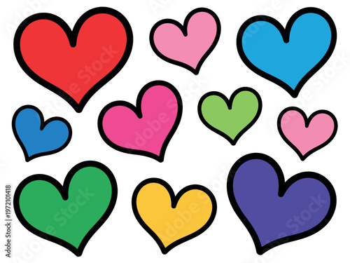 A colorful illustration of various sized hearts in different colors on a white background