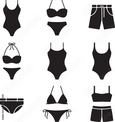 Black silhouettes of various swimwear and beachwear styles for women