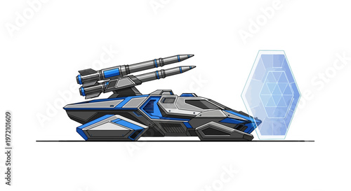 Futuristic spaceship, sci-fi vehicle, blue and gray spacecraft, missile launcher, futuristic design