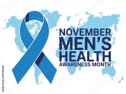 November Men's Health Awareness Month logo with blue ribbon and world map