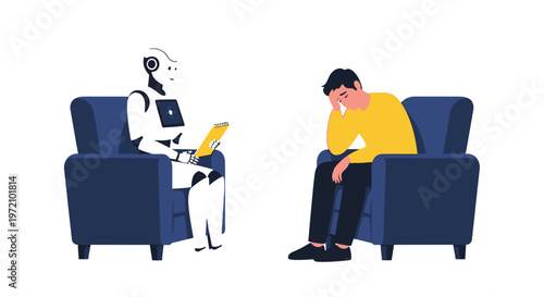 Artificial intelligence robot providing therapeutic support to a distressed human seeking mental health assistance, illustrating the evolving role of technology in wellness and emotional well-being se