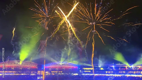 fireworks, colourful fire works lighting the night skies with vivid multi colours glowing colours of Easter Show of the fireworks producing beautiful lighting rainbow colourful effects Sydney NSW Aust