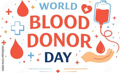 World blood donor day celebration with medical symbols and blood drops with blood donation with give blood with saving lives with red cross with gift of life