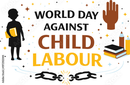 World day against child labour graphic with chains, books, and silhouette, child labor, child exploitation, human rights, social issues, children s rights, breaking chains, child protection