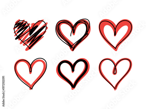 A set of hand-drawn red and black hearts on a white background
