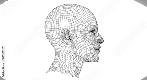This abstract vector illustration showcases a human head depicted as a detailed 3D wireframe mesh graphic, symbolizing advanced technology, artificial intelligence, and digital design concepts. The in