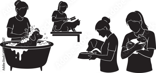 Silhouette of people reading and working in various settings